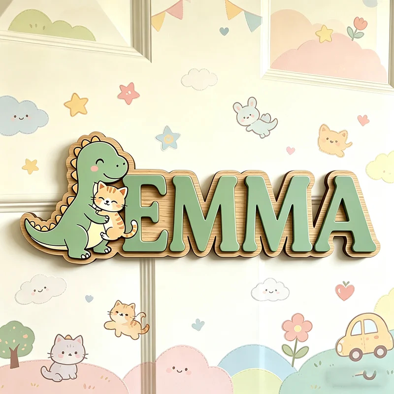 Cute Dinosaur Hugging Cat Cust - đánh giá và giá Baby Name Wall Art