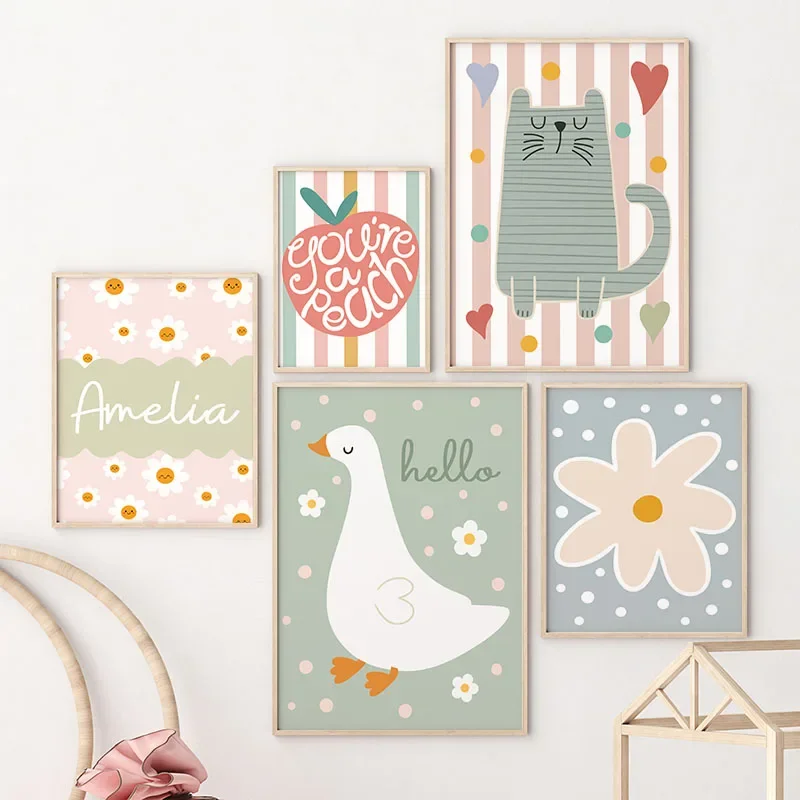 Cartoon Cat Duck Bird Apple Cu - đánh giá và giá Baby Name Wall Art