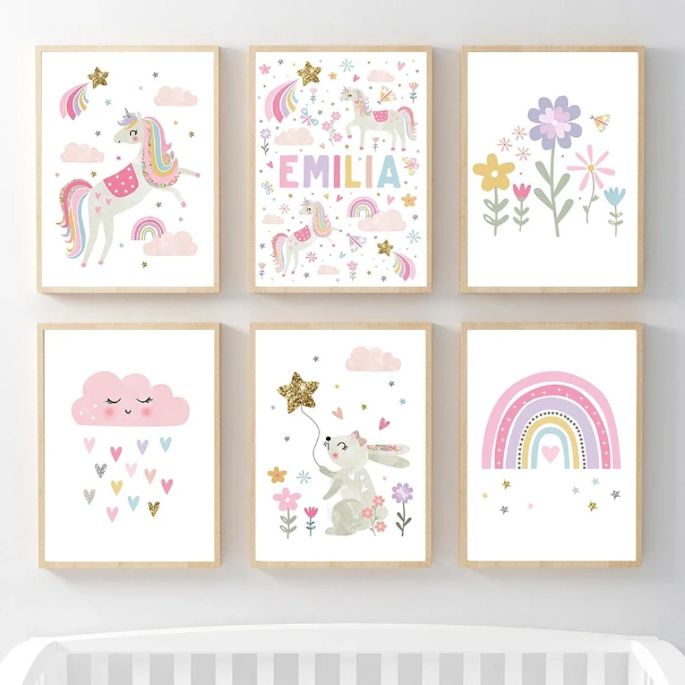 Pink Unicorn Rabbit Rainbow Cl - đánh giá và giá Baby Name Wall Art